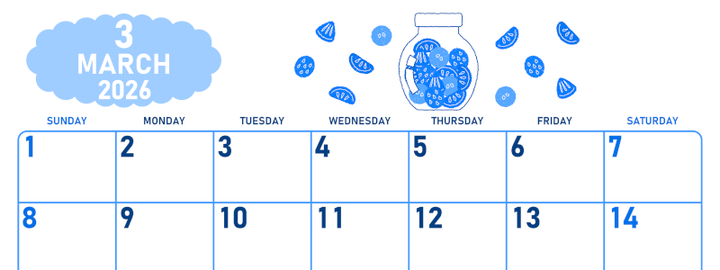 2026年3月横型日曜始まり 果物イラストのかわいいA4無料ブルーのカレンダー(2026-00890300)