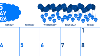 2026年5月横型日曜始まり いちごイラストのかわいいA4無料ブルーのカレンダー(2026-00890500)