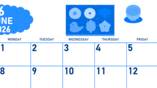 2026年6月横型日曜始まり 和菓子イラストのかわいいA4無料ブルーのカレンダー(2026-00890600)