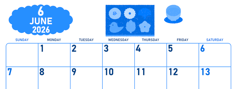 2026年6月横型日曜始まり 和菓子イラストのかわいいA4無料ブルーのカレンダー(2026-00890600)