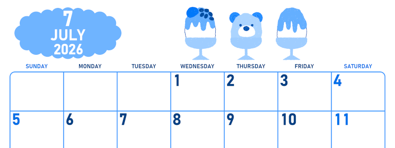 2026年7月横型日曜始まり かき氷イラストのかわいいA4無料ブルーのカレンダー(2026-00890700)