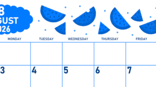 2026年8月横型日曜始まり 季節の果物イラストのかわいいA4無料ブルーのカレンダー(2026-00890800)