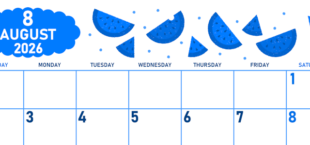 2026年8月横型日曜始まり 季節の果物イラストのかわいいA4無料ブルーのカレンダー(2026-00890800)