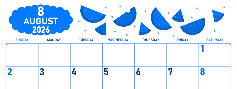 2026年8月横型日曜始まり 季節の果物イラストのかわいいA4無料ブルーのカレンダー(2026-00890800)