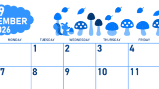 2026年9月横型日曜始まり 秋の季節イラストがかわいいA4無料ブルーのカレンダー(2026-00890900)