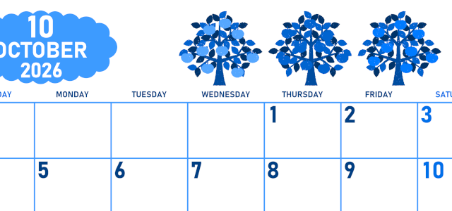 2026年10月横型日曜始まり リンゴの木イラストのかわいいA4無料ブルーのカレンダー(2026-00891000)