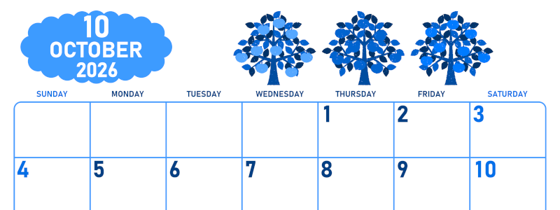 2026年10月横型日曜始まり リンゴの木イラストのかわいいA4無料ブルーのカレンダー(2026-00891000)