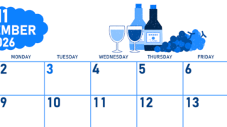 2026年11月横型日曜始まり ぶどうイラストのかわいいA4無料ブルーのカレンダー(2026-00891100)