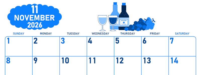 2026年11月横型日曜始まり ぶどうイラストのかわいいA4無料ブルーのカレンダー(2026-00891100)