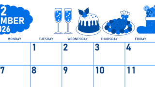 2026年12月横型日曜始まり 御馳走イラストのかわいいA4無料ブルーのカレンダー(2026-00891200)