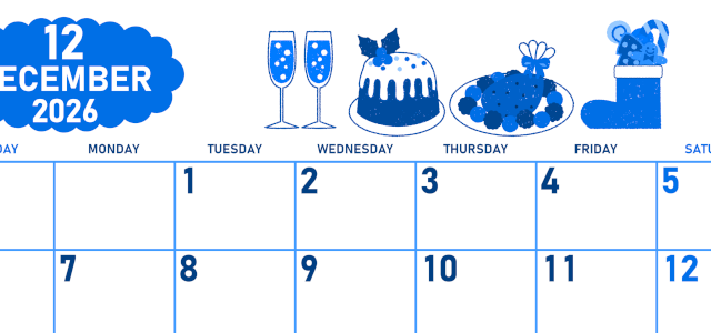 2026年12月横型日曜始まり 御馳走イラストのかわいいA4無料ブルーのカレンダー(2026-00891200)