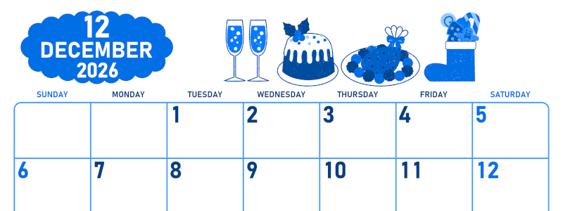 2026年12月横型日曜始まり 御馳走イラストのかわいいA4無料ブルーのカレンダー(2026-00891200)