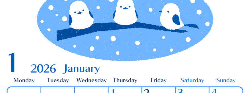 2026年1月縦型月曜始まり イラストのおしゃれA4無料ブルーのカレンダー(2026-00900111)