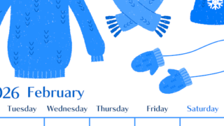 2026年2月縦型月曜始まり イラストのおしゃれA4無料ブルーのカレンダー(2026-00900211)