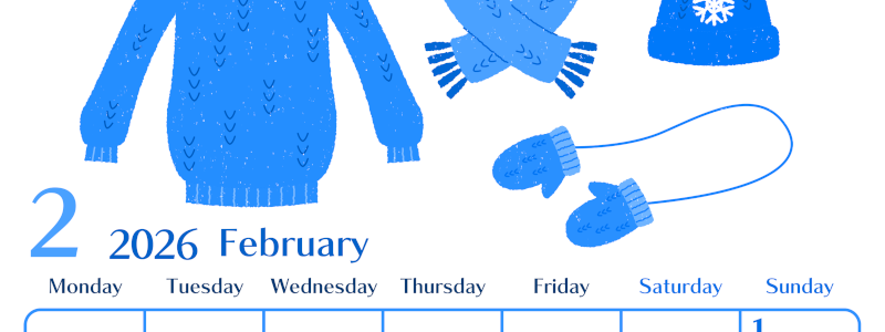 2026年2月縦型月曜始まり イラストのおしゃれA4無料ブルーのカレンダー(2026-00900211)