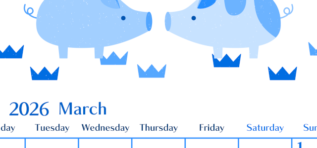 2026年3月縦型月曜始まり 子豚イラストのおしゃれA4無料ブルーのカレンダー(2026-00900311)