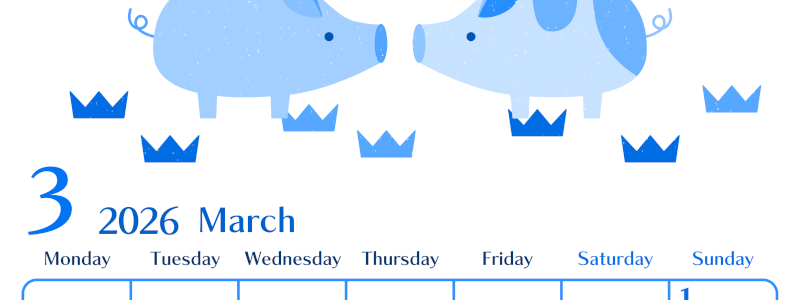 2026年3月縦型月曜始まり 子豚イラストのおしゃれA4無料ブルーのカレンダー(2026-00900311)