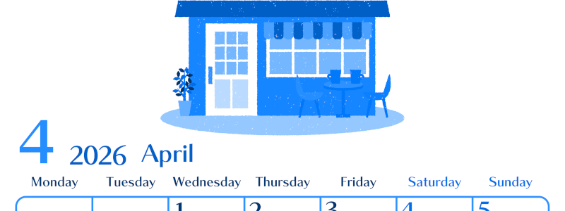 2026年4月縦型月曜始まり 新生活イラストのおしゃれA4無料ブルーのカレンダー(2026-00900411)