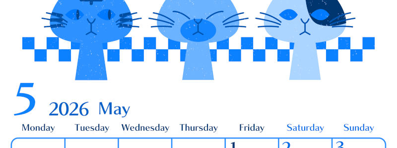 2026年5月縦型月曜始まり 猫たちイラストのおしゃれA4無料ブルーのカレンダー(2026-00900511)