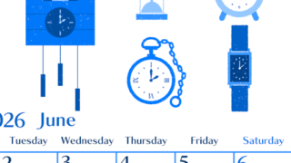 2026年6月縦型月曜始まり 時計イラストのおしゃれA4無料ブルーのカレンダー(2026-00900611)