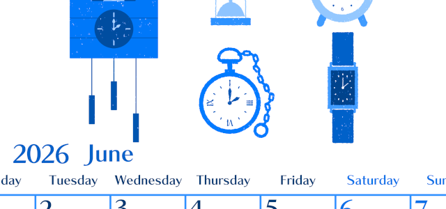 2026年6月縦型月曜始まり 時計イラストのおしゃれA4無料ブルーのカレンダー(2026-00900611)