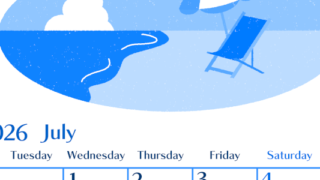 2026年7月縦型月曜始まり  バカンスイラストのおしゃれA4無料ブルーのカレンダー(2026-00900711)