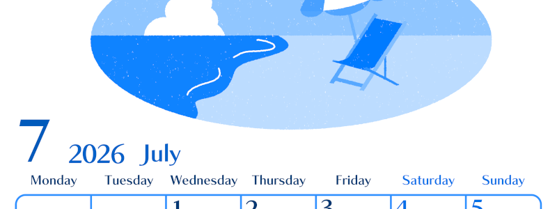 2026年7月縦型月曜始まり  バカンスイラストのおしゃれA4無料ブルーのカレンダー(2026-00900711)