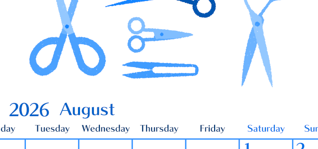 2026年8月縦型月曜始まり ハサミイラストのおしゃれA4無料ブルーのカレンダー(2026-00900811)