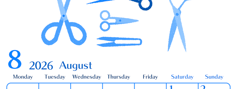 2026年8月縦型月曜始まり ハサミイラストのおしゃれA4無料ブルーのカレンダー(2026-00900811)