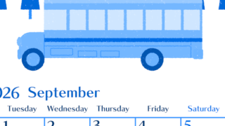 2026年9月縦型月曜始まり バスイラストのおしゃれA4無料ブルーのカレンダー(2026-00900911)
