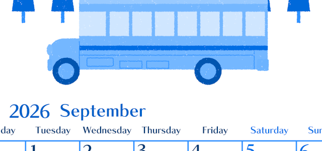 2026年9月縦型月曜始まり バスイラストのおしゃれA4無料ブルーのカレンダー(2026-00900911)