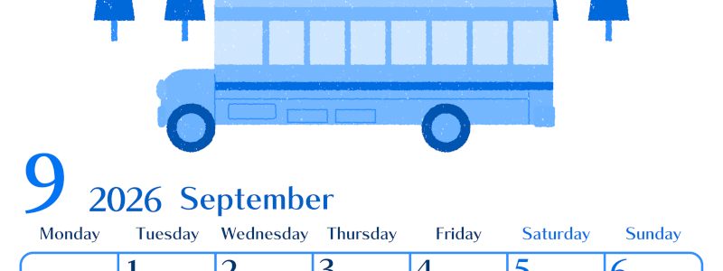 2026年9月縦型月曜始まり バスイラストのおしゃれA4無料ブルーのカレンダー(2026-00900911)