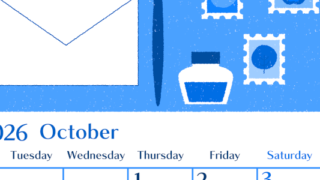 2026年10月縦型月曜始まり 手紙イラストのおしゃれA4無料ブルーのカレンダー(2026-00901011)