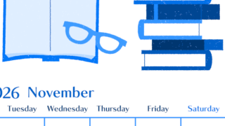 2026年11月縦型月曜始まり 読書イラストのおしゃれA4無料ブルーのカレンダー(2026-00901111)