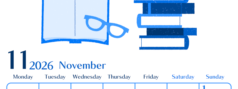 2026年11月縦型月曜始まり 読書イラストのおしゃれA4無料ブルーのカレンダー(2026-00901111)