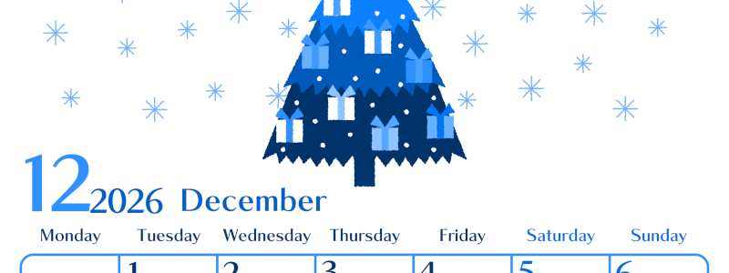 2026年12月縦型月曜始まり クリスマスツリーイラストのおしゃれA4無料ブルーのカレンダー(2026-00901211)