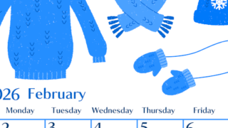 2026年2月縦型日曜始まり イラストのおしゃれA4無料ブルーのカレンダー(2026-00900210)