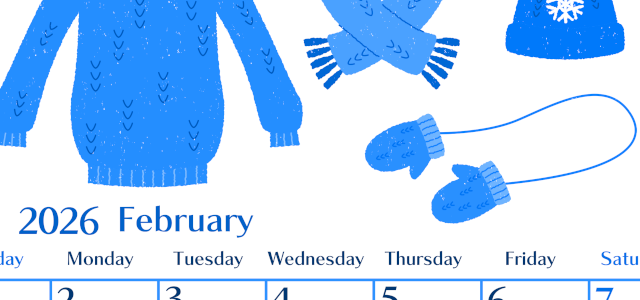2026年2月縦型日曜始まり イラストのおしゃれA4無料ブルーのカレンダー(2026-00900210)