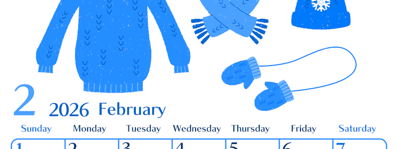 2026年2月縦型日曜始まり イラストのおしゃれA4無料ブルーのカレンダー(2026-00900210)