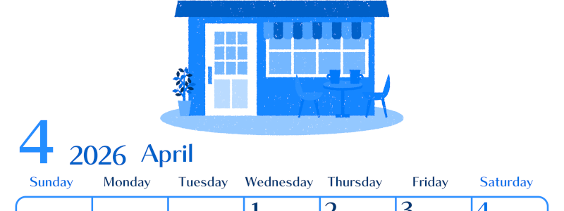 2026年4月縦型日曜始まり 新生活イラストのおしゃれA4無料ブルーのカレンダー(2026-00900410)