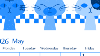 2026年5月縦型日曜始まり 猫たちイラストのおしゃれA4無料ブルーのカレンダー(2026-00900510)