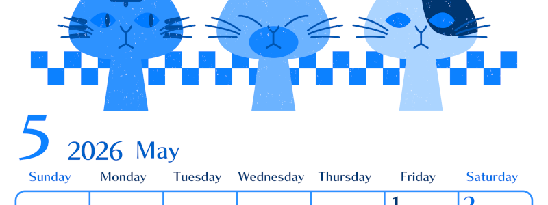 2026年5月縦型日曜始まり 猫たちイラストのおしゃれA4無料ブルーのカレンダー(2026-00900510)