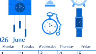 2026年6月縦型日曜始まり 時計イラストのおしゃれA4無料ブルーのカレンダー(2026-00900610)