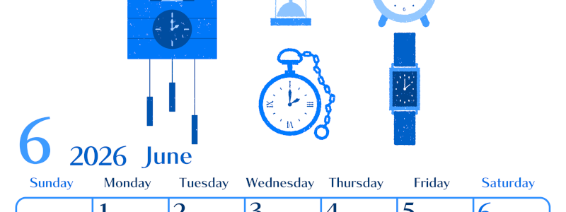 2026年6月縦型日曜始まり 時計イラストのおしゃれA4無料ブルーのカレンダー(2026-00900610)