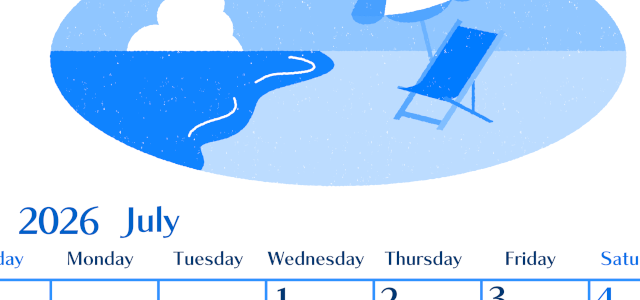 2026年7月縦型日曜始まり  バカンスイラストのおしゃれA4無料ブルーのカレンダー(2026-00900710)