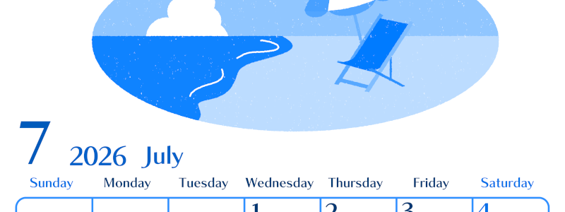 2026年7月縦型日曜始まり  バカンスイラストのおしゃれA4無料ブルーのカレンダー(2026-00900710)