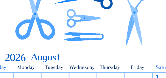 2026年8月縦型日曜始まり ハサミイラストのおしゃれA4無料ブルーのカレンダー(2026-00900810)