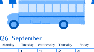 2026年9月縦型日曜始まり バスイラストのおしゃれA4無料ブルーのカレンダー(2026-00900910)