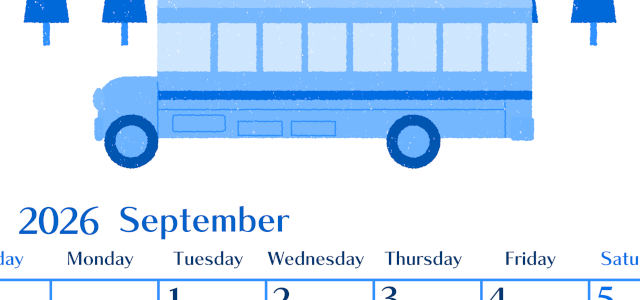 2026年9月縦型日曜始まり バスイラストのおしゃれA4無料ブルーのカレンダー(2026-00900910)