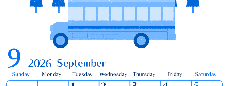 2026年9月縦型日曜始まり バスイラストのおしゃれA4無料ブルーのカレンダー(2026-00900910)